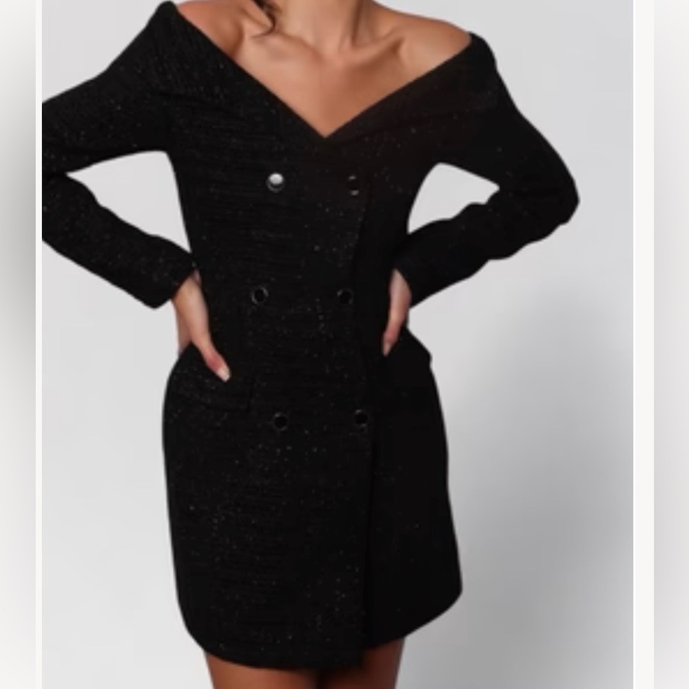 Black Tweed Off-Shoulder Mini Dress